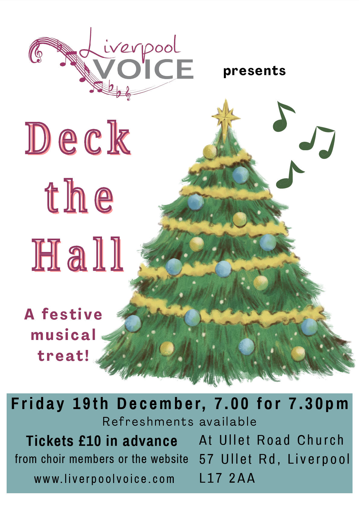 Deck The Hall poster created by Karen White, shows a Christmas Tree with bells and baubles
